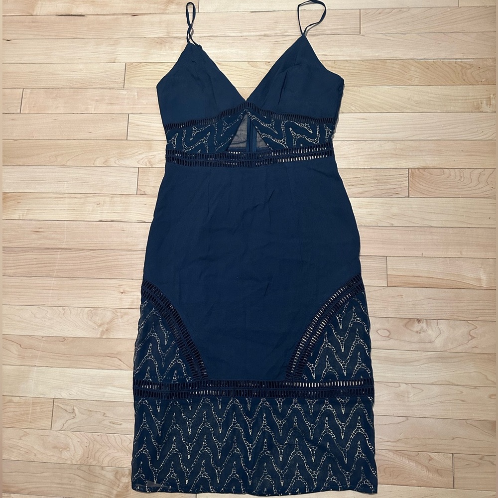 NBD Navy cut out dress with gold detail